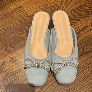 Elegant Blue Suede Women's Mules with Rhinestone Bow